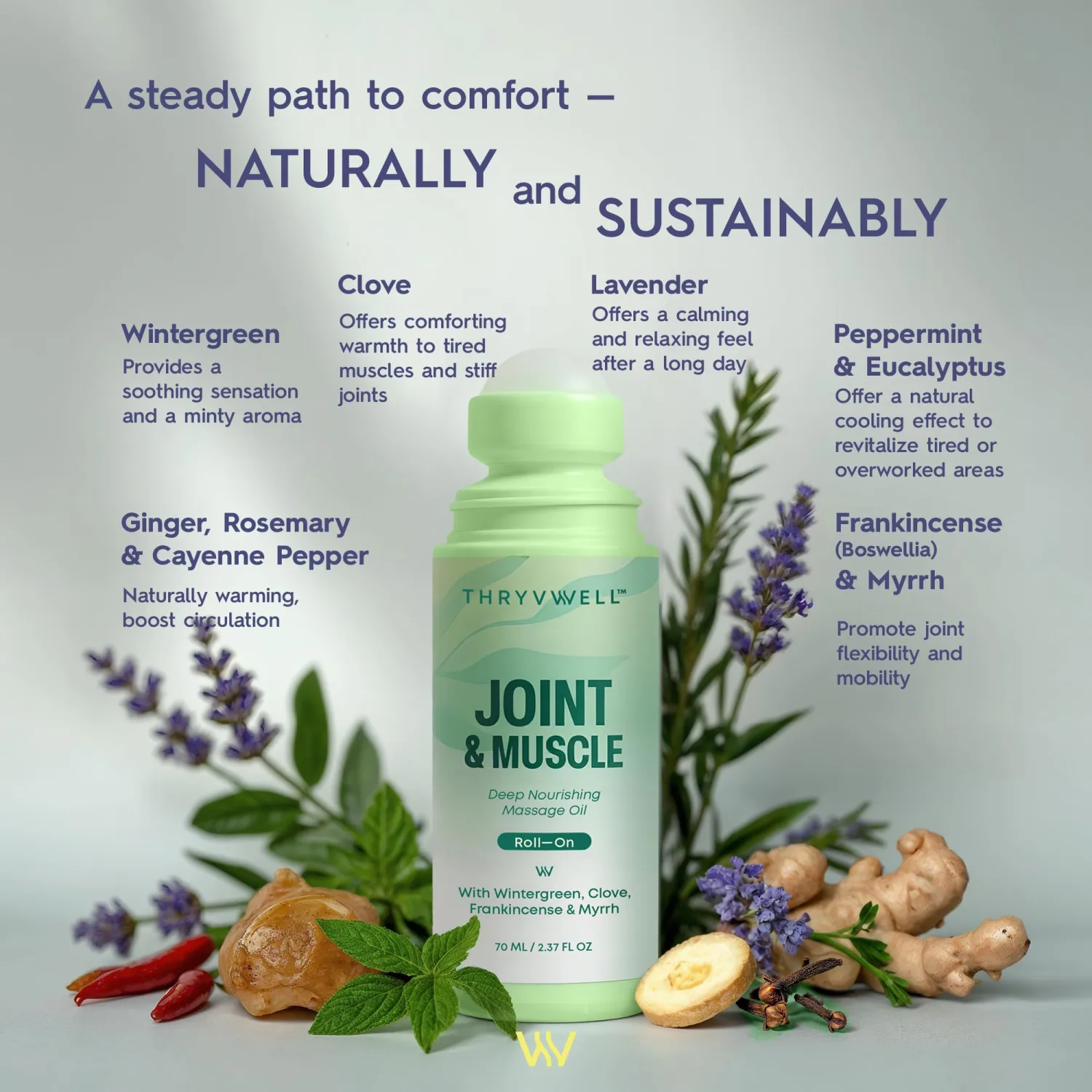 Joint & Muscle Deep Nourishing Oil Roll-On – Non-Greasy, 100% Natural with Essential Oils: Wintergreen, Peppermint, Frankincense, Myrrh, Clove, Lavender & More – 2.37 oz Travel Size