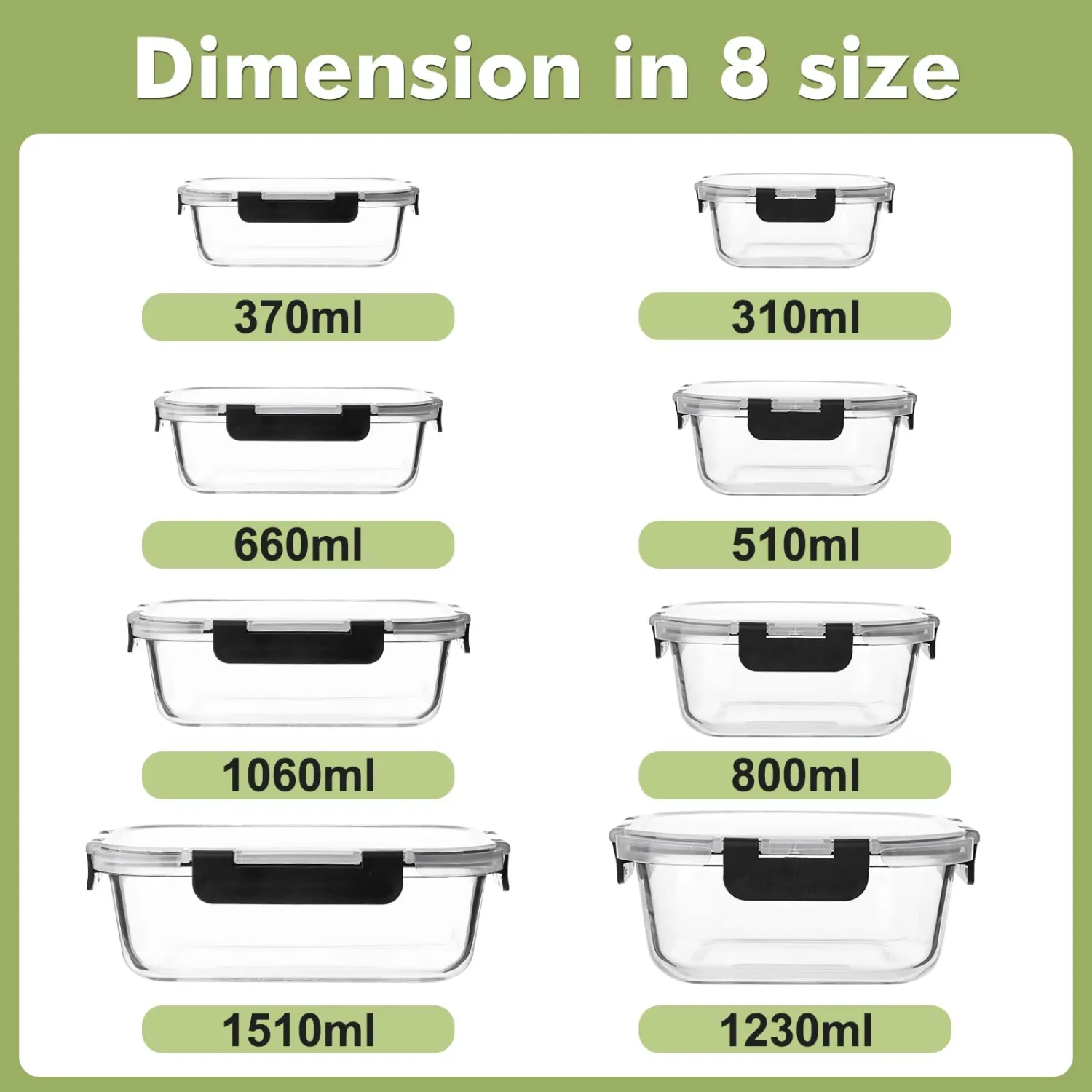 Liuruiyu 8 Pack Glass Food Storage Containers with Lids, Meal Prep Containers, Airtight Bento Boxes with Leak Proof Locking for Microwave, Oven, Freezer and Dishwasher, BPA Free