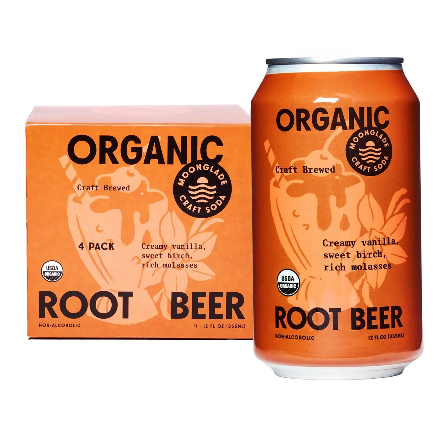 Moonglade Organic Root Beer, 100% Organic, Craft Root Beer, Made with real vanilla, molasses, sweet birch and botanical extracts, 4 Pack