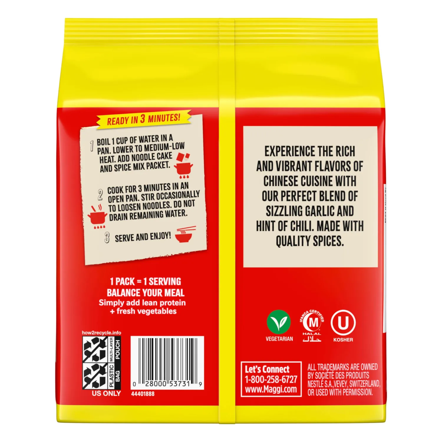 Maggi Chinese Spicy Garlic Noodles, Instant Ramen Noodles, 3 min, Vegetarian, Halal, Kosher, 4-Pack