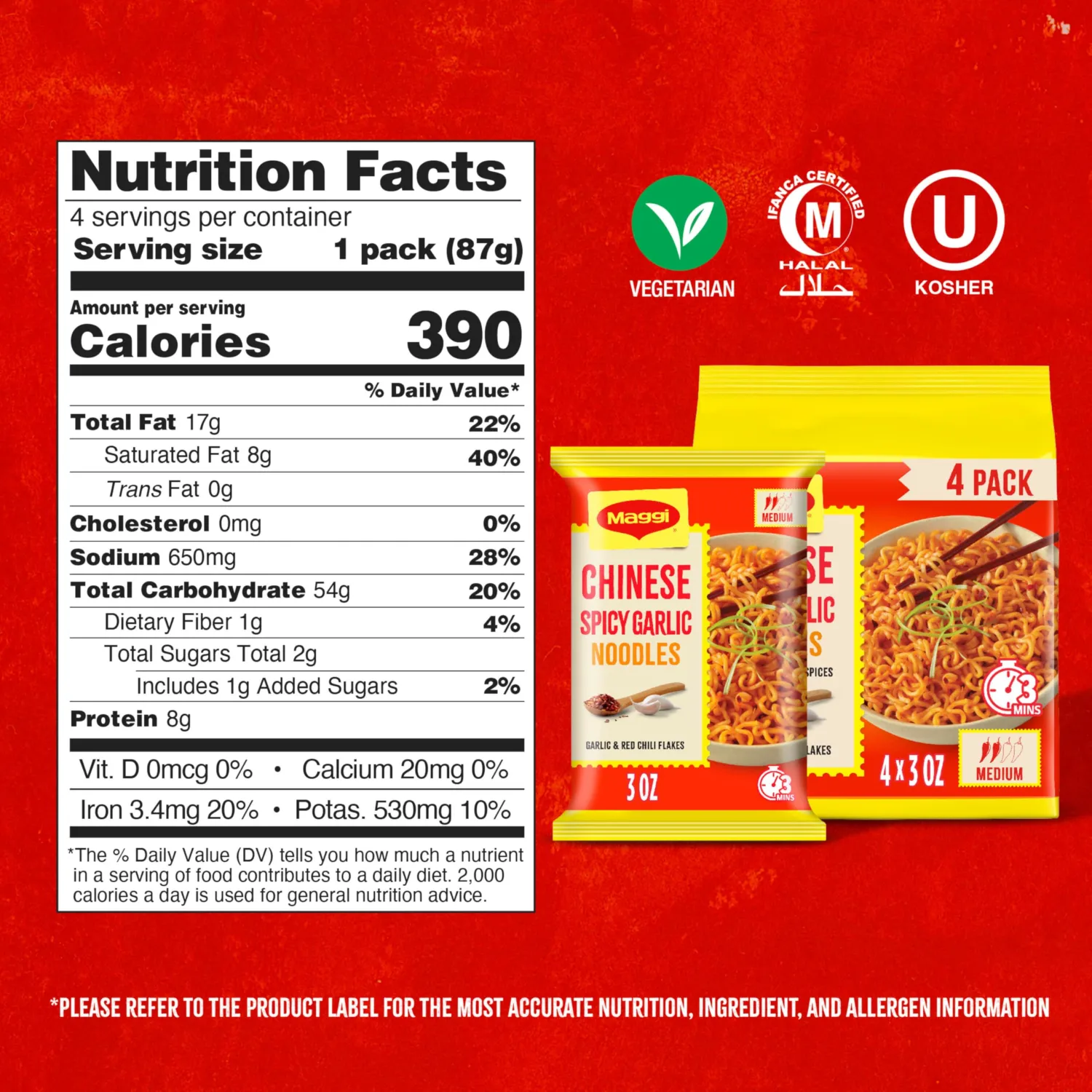 Maggi Chinese Spicy Garlic Noodles, Instant Ramen Noodles, 3 min, Vegetarian, Halal, Kosher, 4-Pack