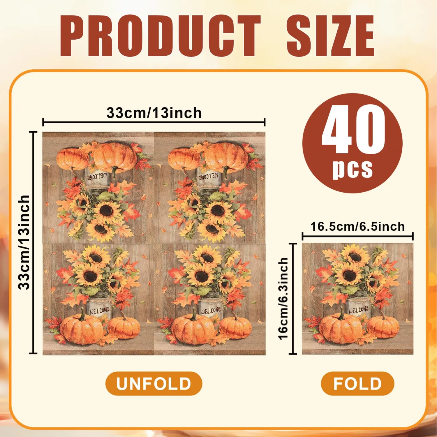 40 Pack Thanksgiving Pumpkin Napkins – 13 x 13 Inch Disposable Rustic Fall Paper Napkins with Sunflower and Leaf Design for Thanksgiving Dinner, Friendsgiving, Autumn Parties, Harvest Events
