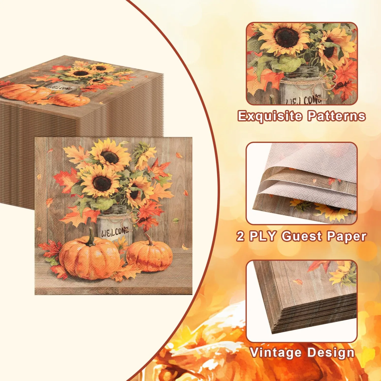 40 Pack Thanksgiving Pumpkin Napkins – 13 x 13 Inch Disposable Rustic Fall Paper Napkins with Sunflower and Leaf Design for Thanksgiving Dinner, Friendsgiving, Autumn Parties, Harvest Events
