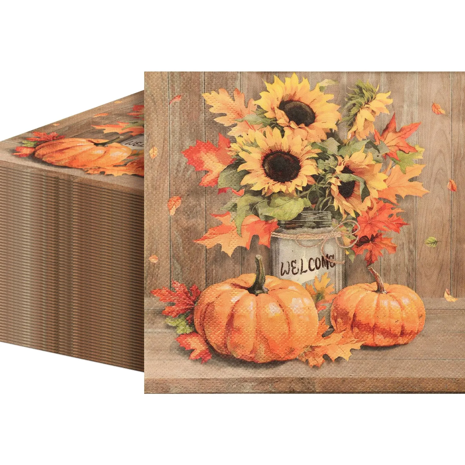 40 Pack Thanksgiving Pumpkin Napkins – 13 x 13 Inch Disposable Rustic Fall Paper Napkins with Sunflower and Leaf Design for Thanksgiving Dinner, Friendsgiving, Autumn Parties, Harvest Events