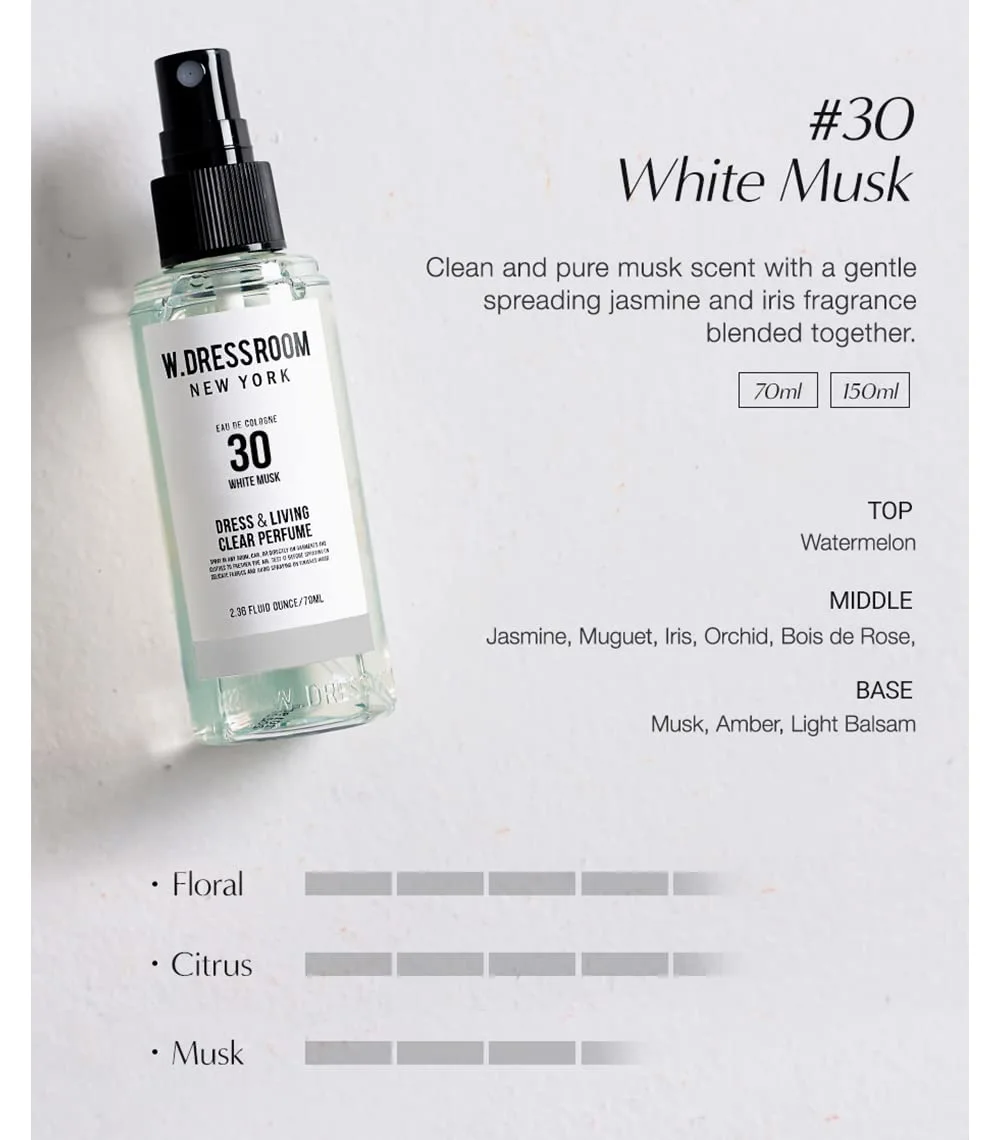 W.Dressroom No.30 White Musk Dress & Living Clear Perfume (2.36 oz) – Fresh Scent for Clothes, Fabrics, Carpets & Rooms, Natural Odor Eliminator, Eco-Friendly, Water-Based