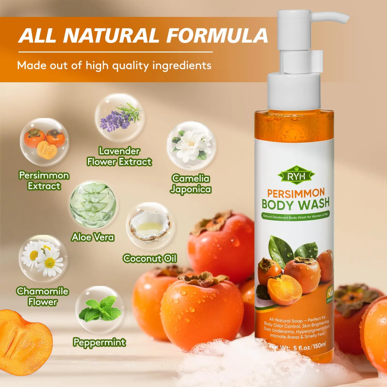 2 PCS Persimmon Soap Bar and Persimmon Body Wash for Body Odor Control, Natural Deodorant Soap for Old People Smell, Remove Body Odor Shower Gel, Persimmon Bath Soap for Women & Men