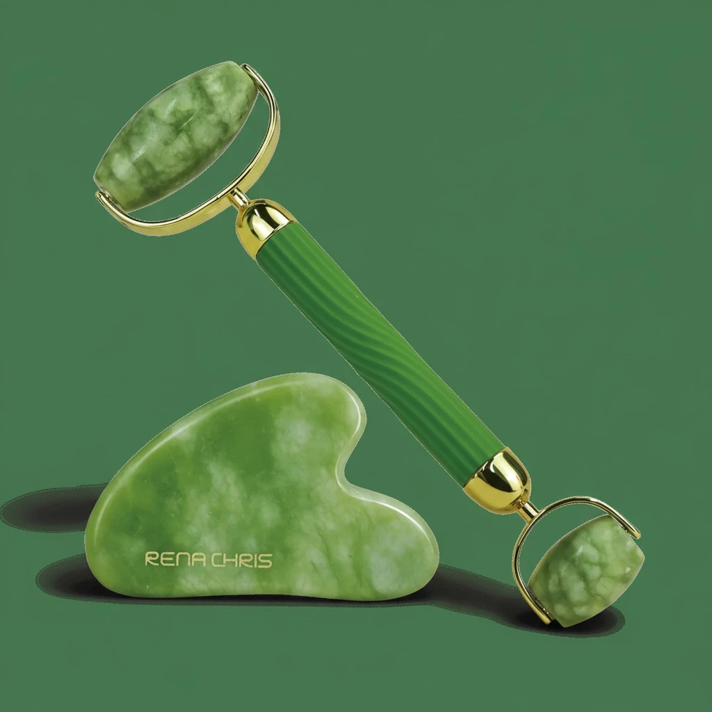 Rena Chris Gua Sha and Face Roller Set: Anti-Breakage Jade Roller for Long-Lasting Use, Jawline Sculpting and Puffiness Reducing, Gua Sha Facial Tools for Self Care Gift (Green)