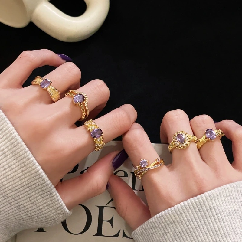 Nine Purple Fire-free Colored Gems Zircon Mid-ancient Brushed Open Ring