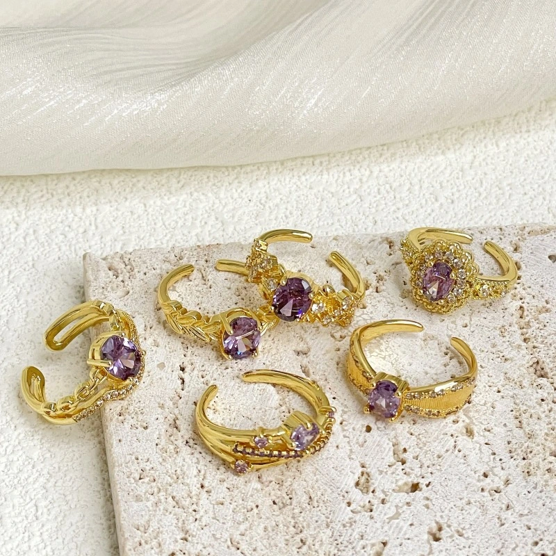 Nine Purple Fire-free Colored Gems Zircon Mid-ancient Brushed Open Ring