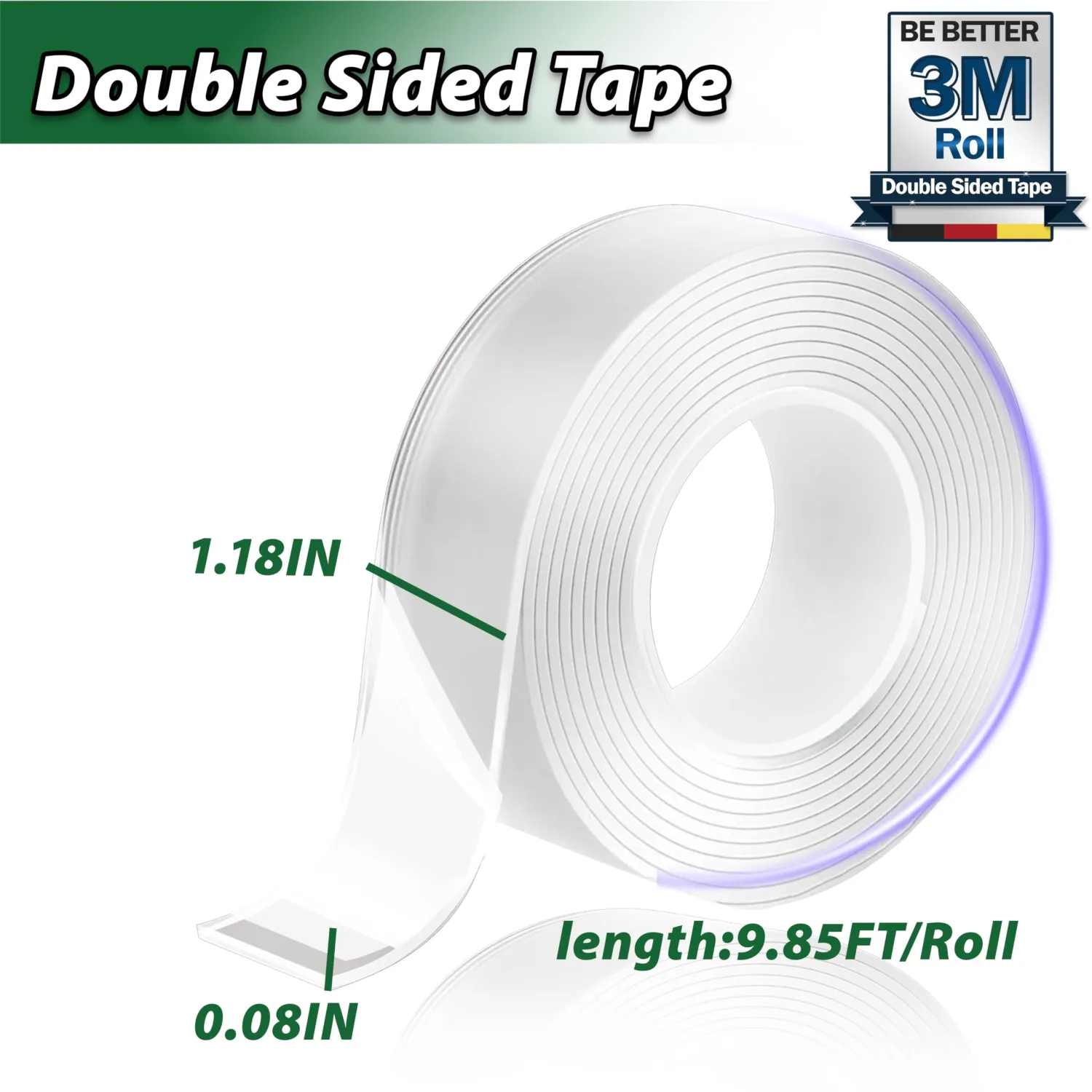 Double Sided Tape Heavy Duty, Nano Double Sided Adhesive Tape, for Hanging Picture, Carpet, Poster, Clear Multipurpose Mounting Tape, Thickness&Viscosity Upgrade (1.18IN x 9.84FT)