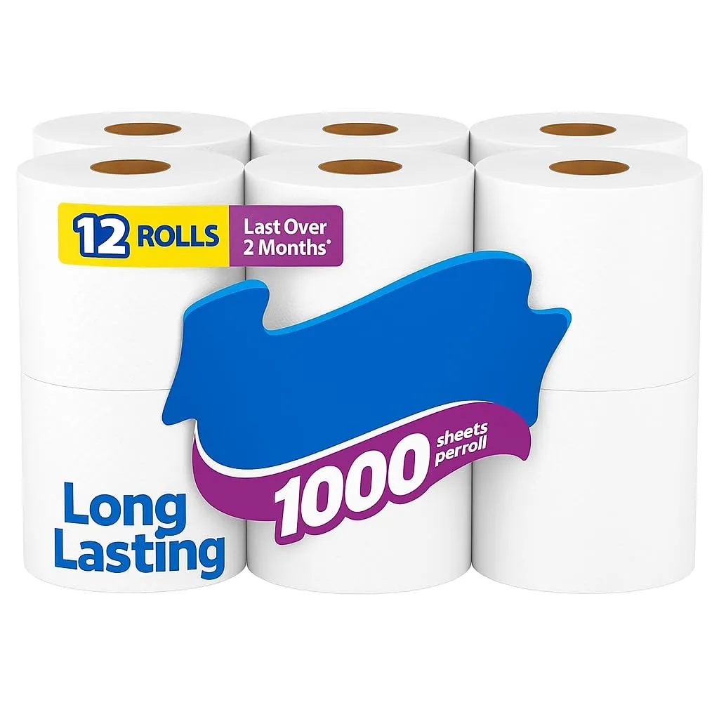 1000-Sheet Toilet Paper 12 Rolls – Soft, Strong & Septic-Safe 1-Ply Bathroom Tissue, Long-Lasting Bath Tissue for Home, Office, RV & Travel Use