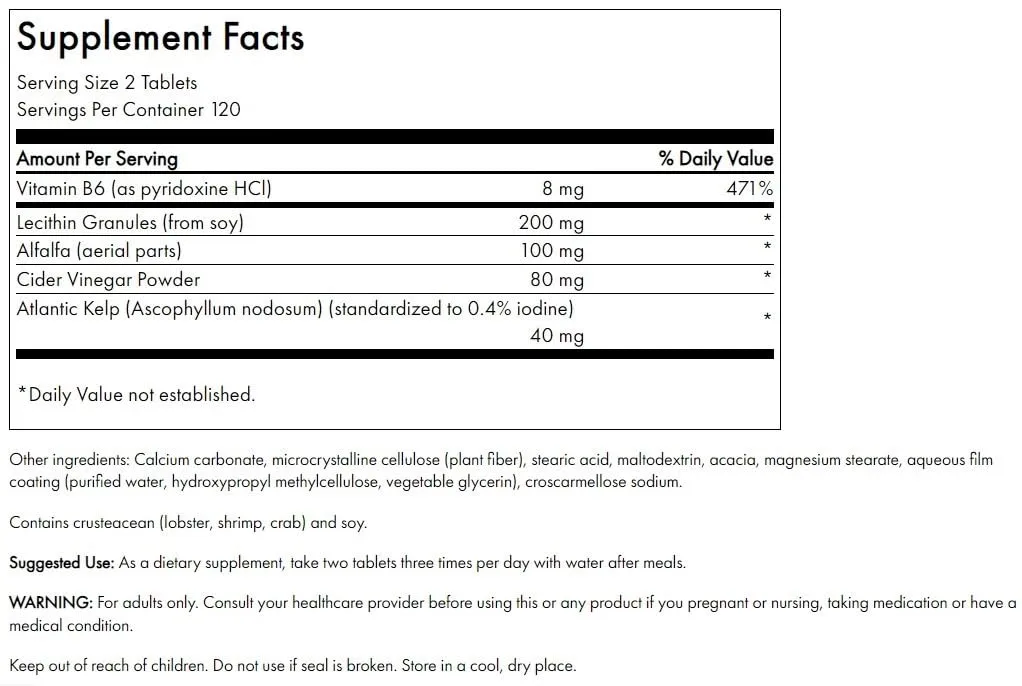 Swanson Lecithin Kelp B-6 & Cider Vinegar 240 Tabs
