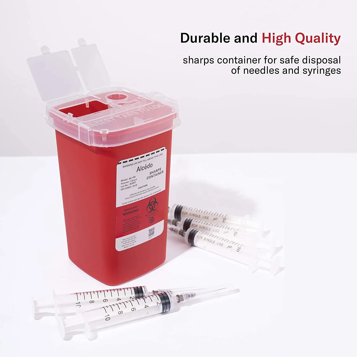 Alcedo Sharps Container for Home Use 1 Quart (1-Pack) | Biohazard Needle and Syringe Disposal | Small Portable Container for Travel and Professional Use
