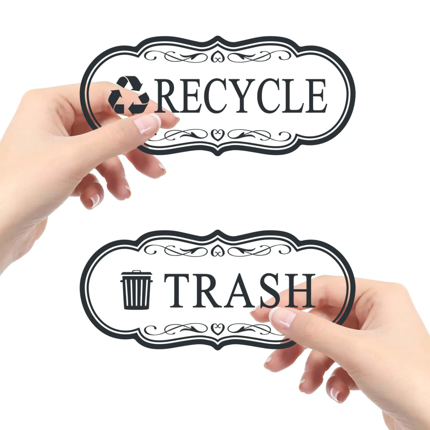 Trash & Recycle Stickers – 2-Pack Self-Adhesive Vinyl Labels, Waterproof & Durable (Transparent Background with Black Text, Medium 6.3 x 2.7 inches)