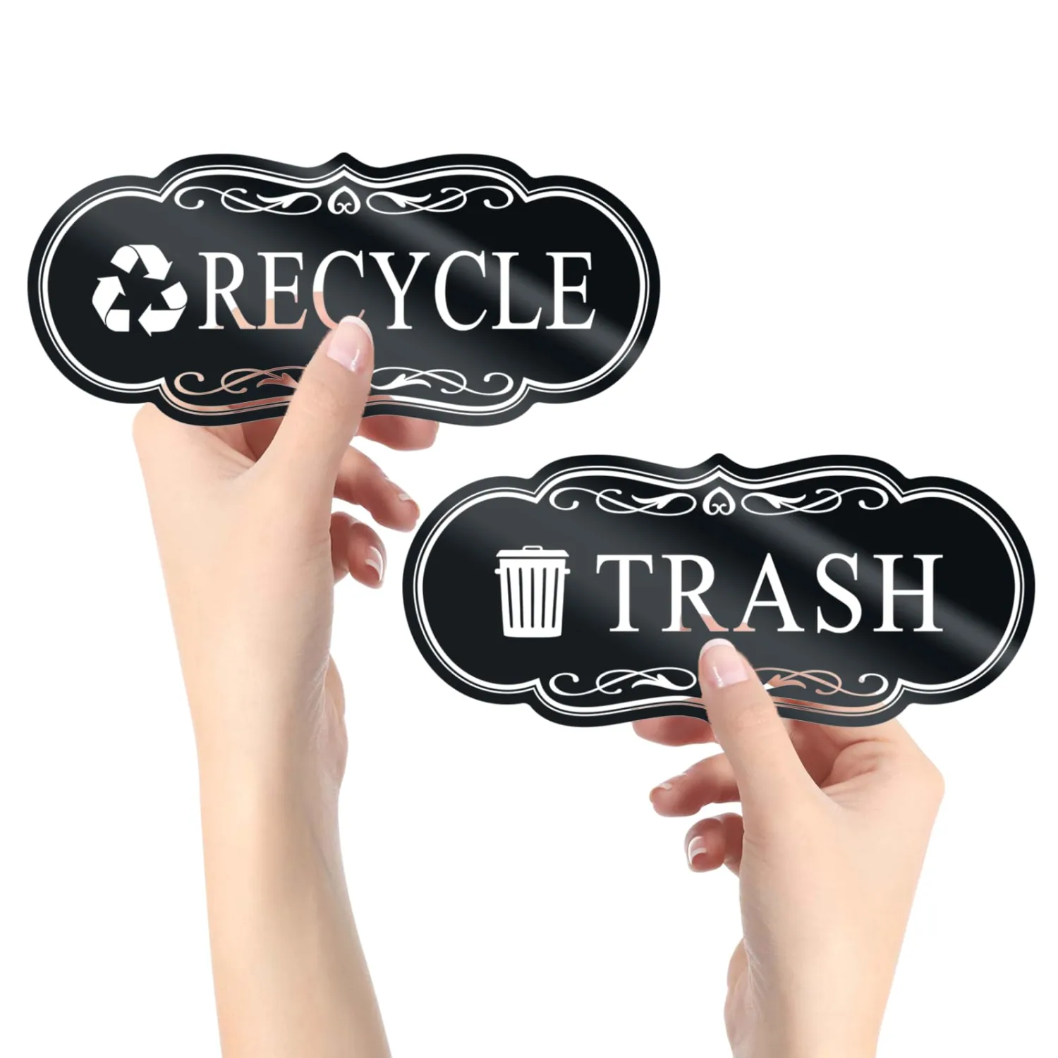 Trash & Recycle Stickers – 2-Pack Self-Adhesive Vinyl Labels, Waterproof & Durable (Black Background with Transparent Text, Medium 6.3 x 2.7 inches)