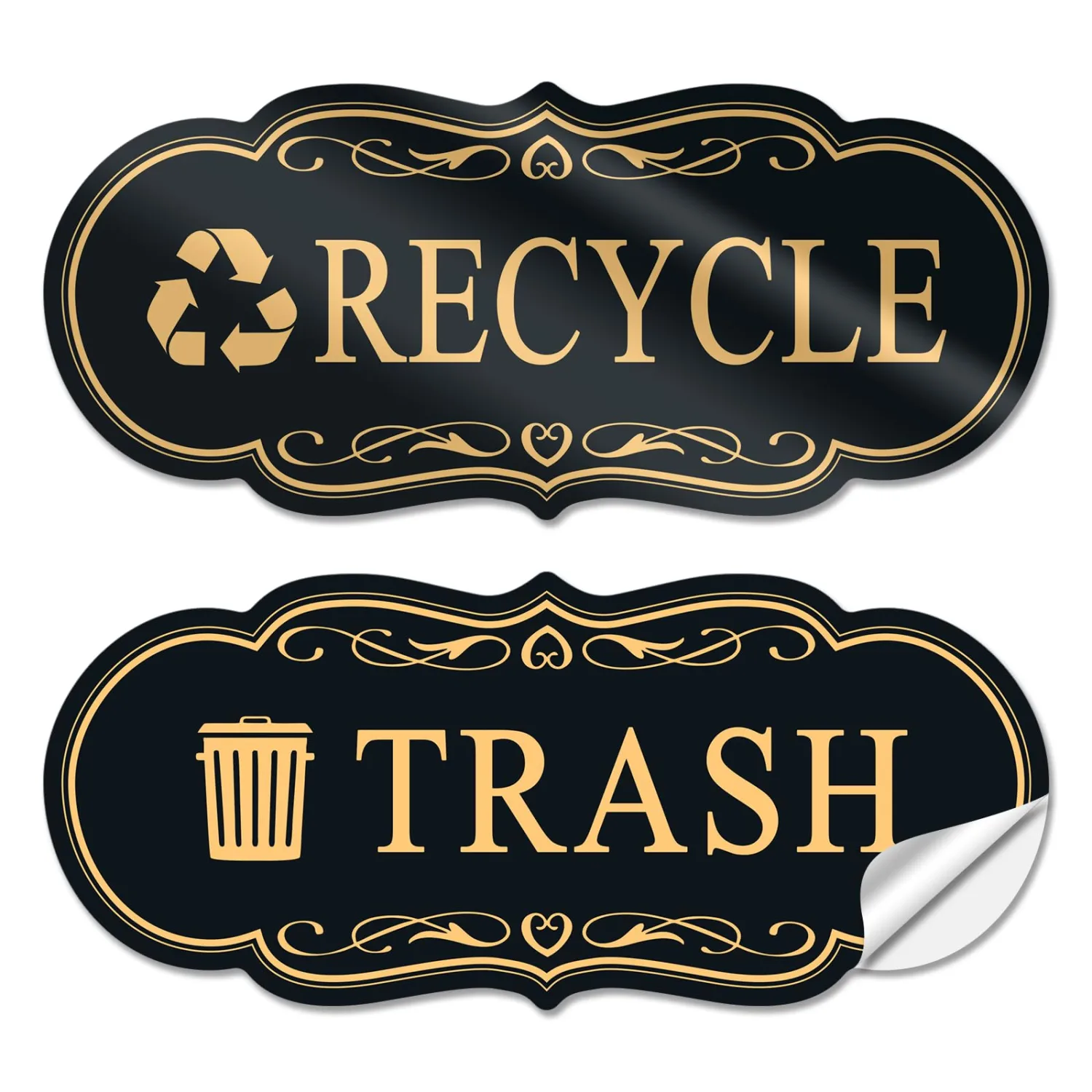 Trash & Recycle Stickers – 2-Pack Self-Adhesive Vinyl Labels, Waterproof & Durable (Black Gold, Medium 6.3 x 2.7 inches)