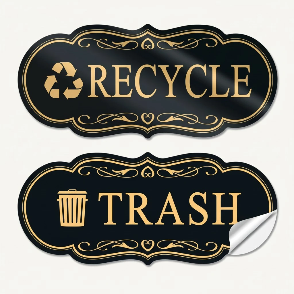 Trash & Recycle Stickers – 2-Pack Self-Adhesive Vinyl Labels, Waterproof & Durable (Black Gold, Medium 6.3 x 2.7 inches)