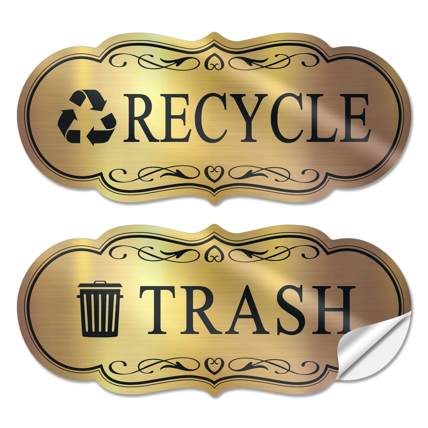 Trash & Recycle Stickers – 2-Pack Self-Adhesive Vinyl Labels, Waterproof & Durable (Brushed Gold Black, Medium 6.3 x 2.7 inches)