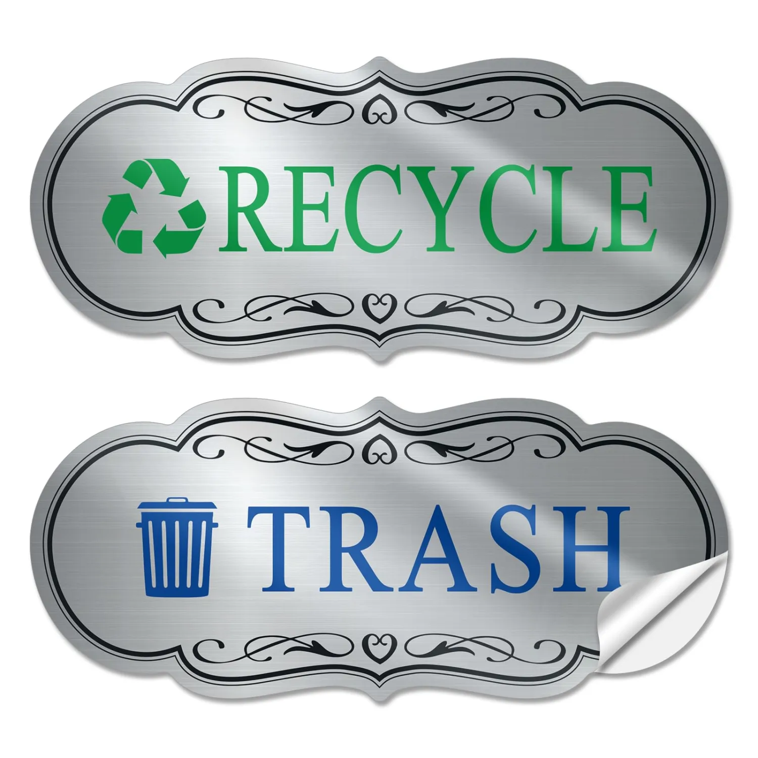 Trash & Recycle Stickers – 2-Pack Self-Adhesive Vinyl Labels, Waterproof & Durable (Brushed Silver Green Blue, Medium 6.3 x 2.7 inches)