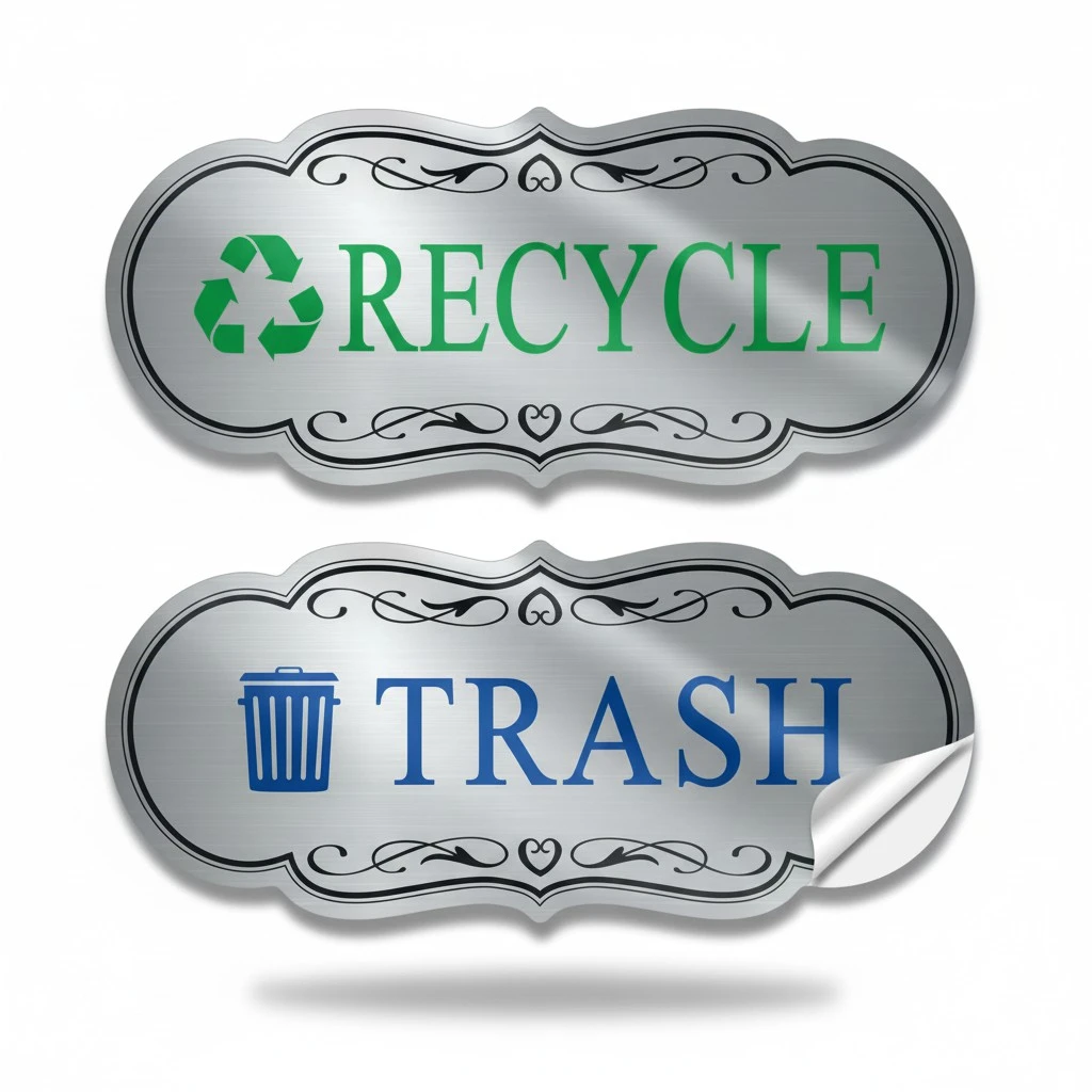 Trash & Recycle Stickers – 2-Pack Self-Adhesive Vinyl Labels, Waterproof & Durable (Brushed Silver Green Blue, Medium 6.3 x 2.7 inches)