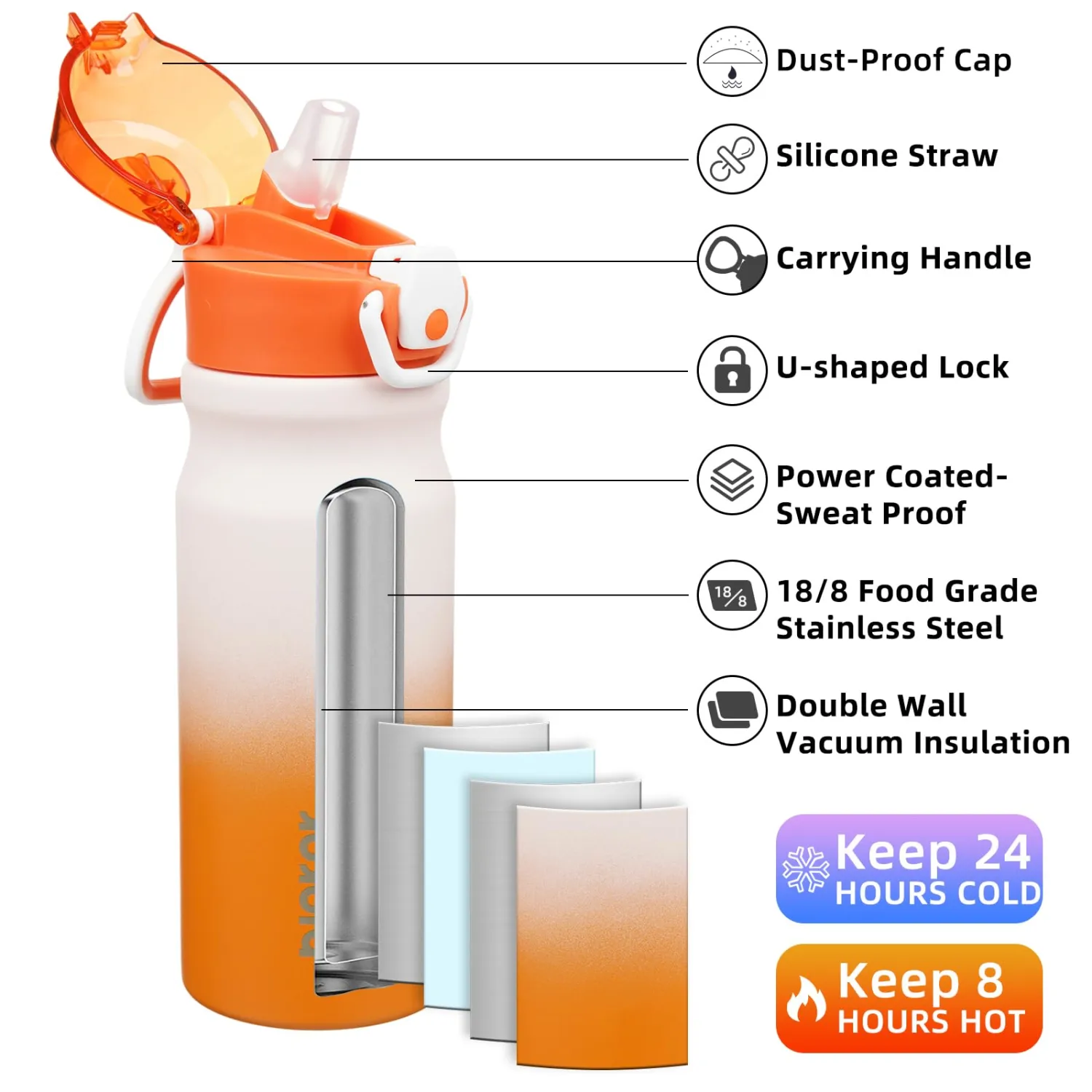 BJPKPK Stainless Steel Insulated Water Bottle with Straw Lid 18oz Reusable Metal Thermal Flask Bottles Keep Cold and Hot,Coral