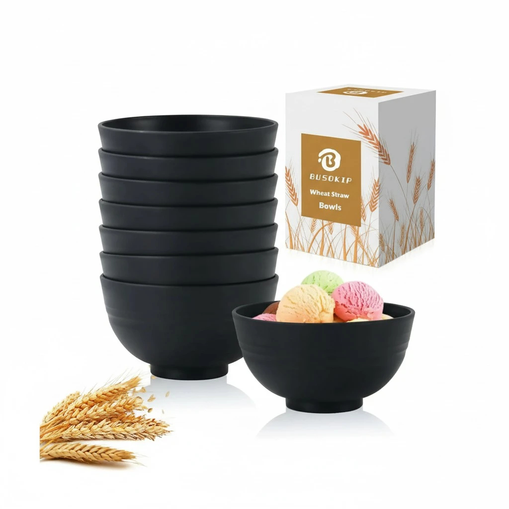 Black Wheat Straw Bowls, 10 OZ Unbreakable Snack Bowls Set of 8, Alternative Plastic Bowl Reusable, Microwave Safe Small Appetizer Bowl for Dessert, Snack, Ice Cream (Black)