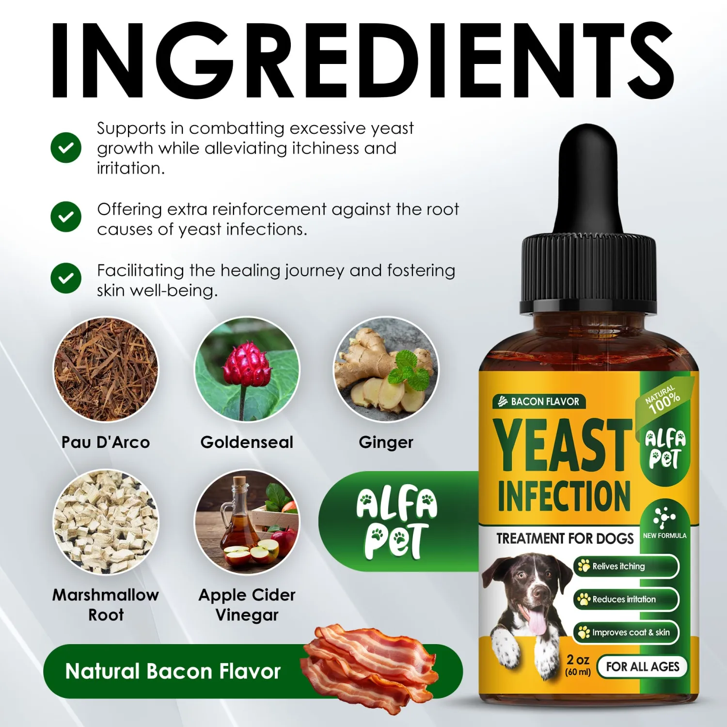 Yeast Infection Treatment for Dogs Helps with Itching & Allergies – Dog Yeast Infection Treatment Liquid Herbal Supplement – for All Breeds – Bacon Taste – 2 Oz