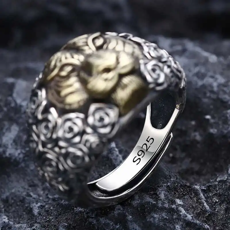 S925 Thai Silver Men's Power Style Personalized Tiger Head Open Ring