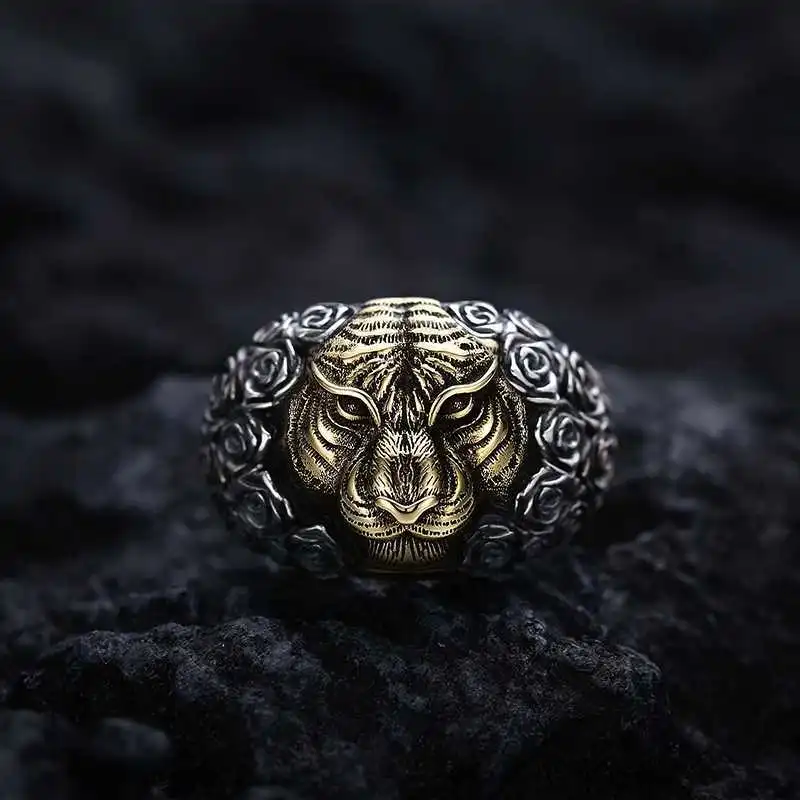 S925 Thai Silver Men's Power Style Personalized Tiger Head Open Ring
