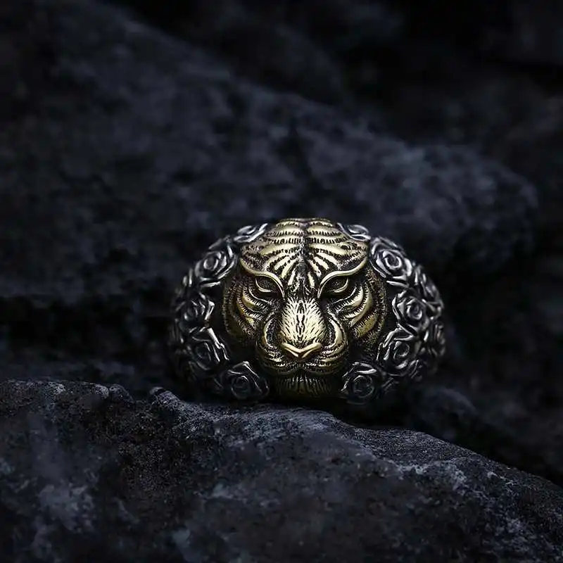 S925 Thai Silver Men's Power Style Personalized Tiger Head Open Ring