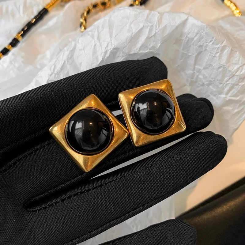 Square Black Agate Middle Ancient Gold Earrings For Women