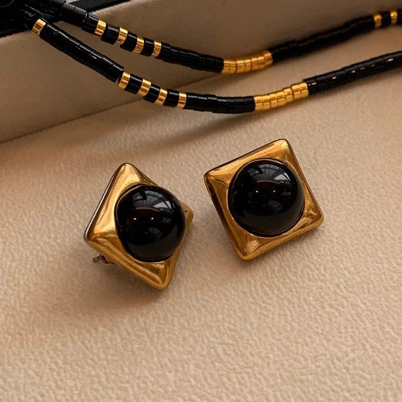 Square Black Agate Middle Ancient Gold Earrings For Women