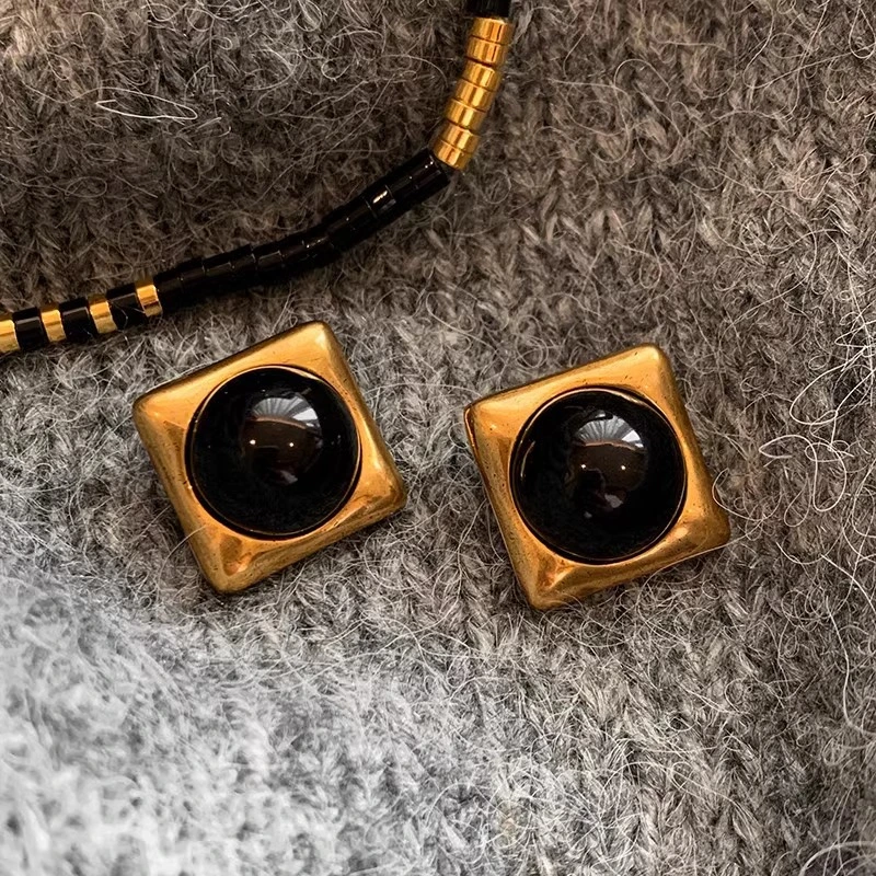 Square Black Agate Middle Ancient Gold Earrings For Women