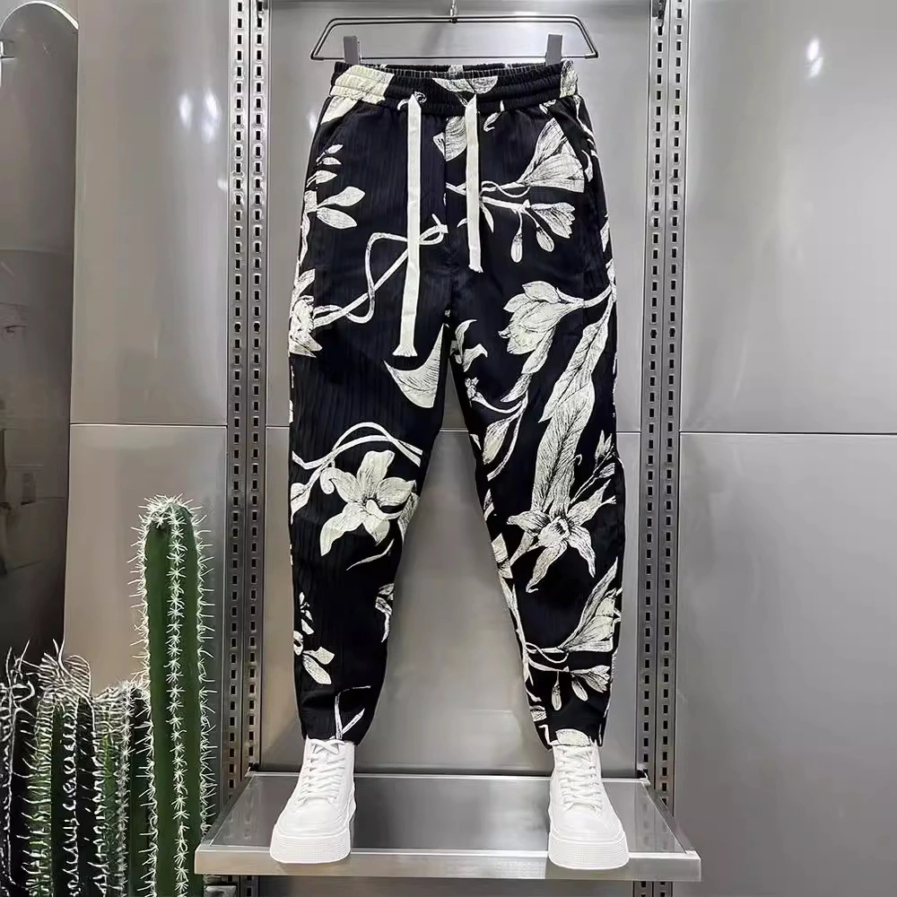 Men's Ice Silk Printed Cotton And Linen Casual Pants