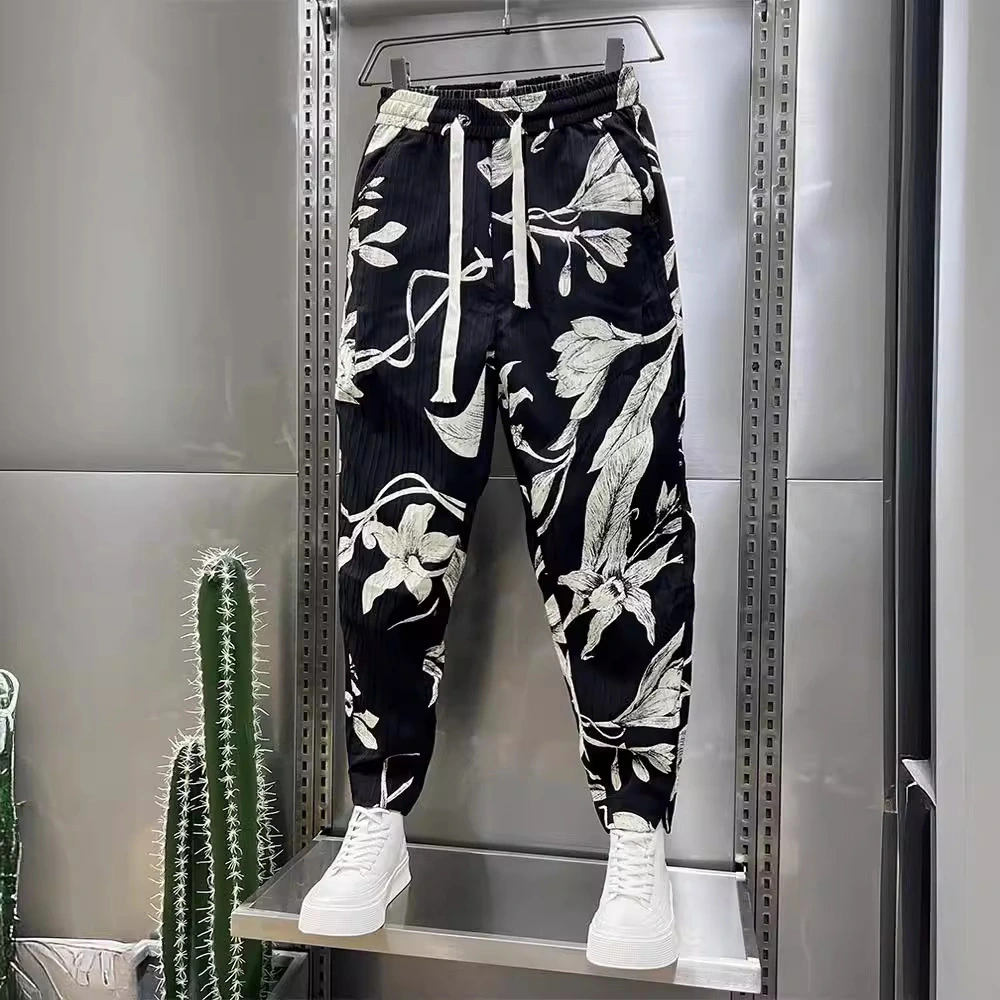 Men's Ice Silk Printed Cotton And Linen Casual Pants
