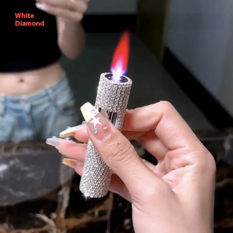 Rhinestone Cylinder Press Flame Windproof Gas Lighters