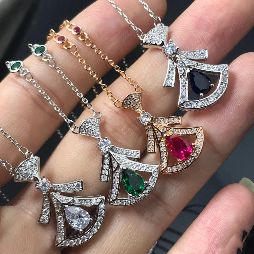 Fashionable All-match Pear-shaped Red And Blue Emerald Full Diamond Clavicle Chain