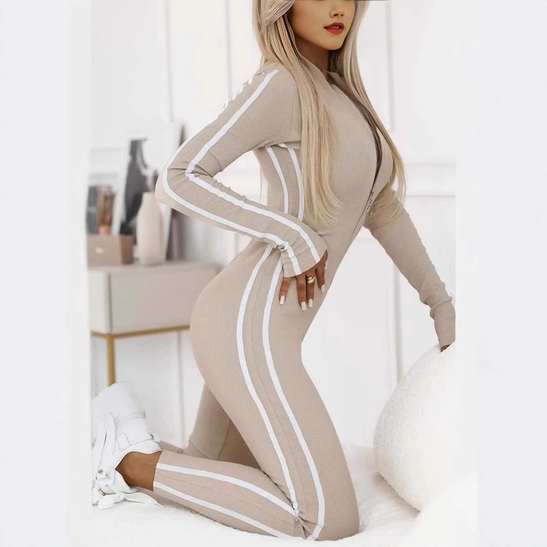 New Autumn And Winter Women's Slim Striped Half Zipper Jumpsuit