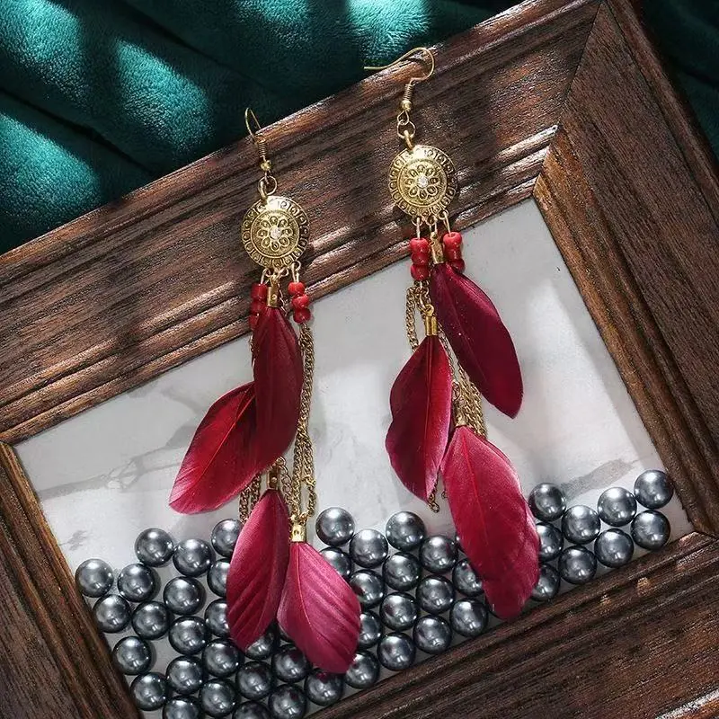 Bohemian Long Feather Earrings Handmade