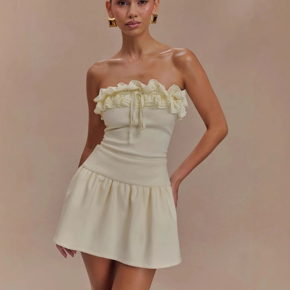 Summer Women's Ruffled Tube Top Short Skirt Suit