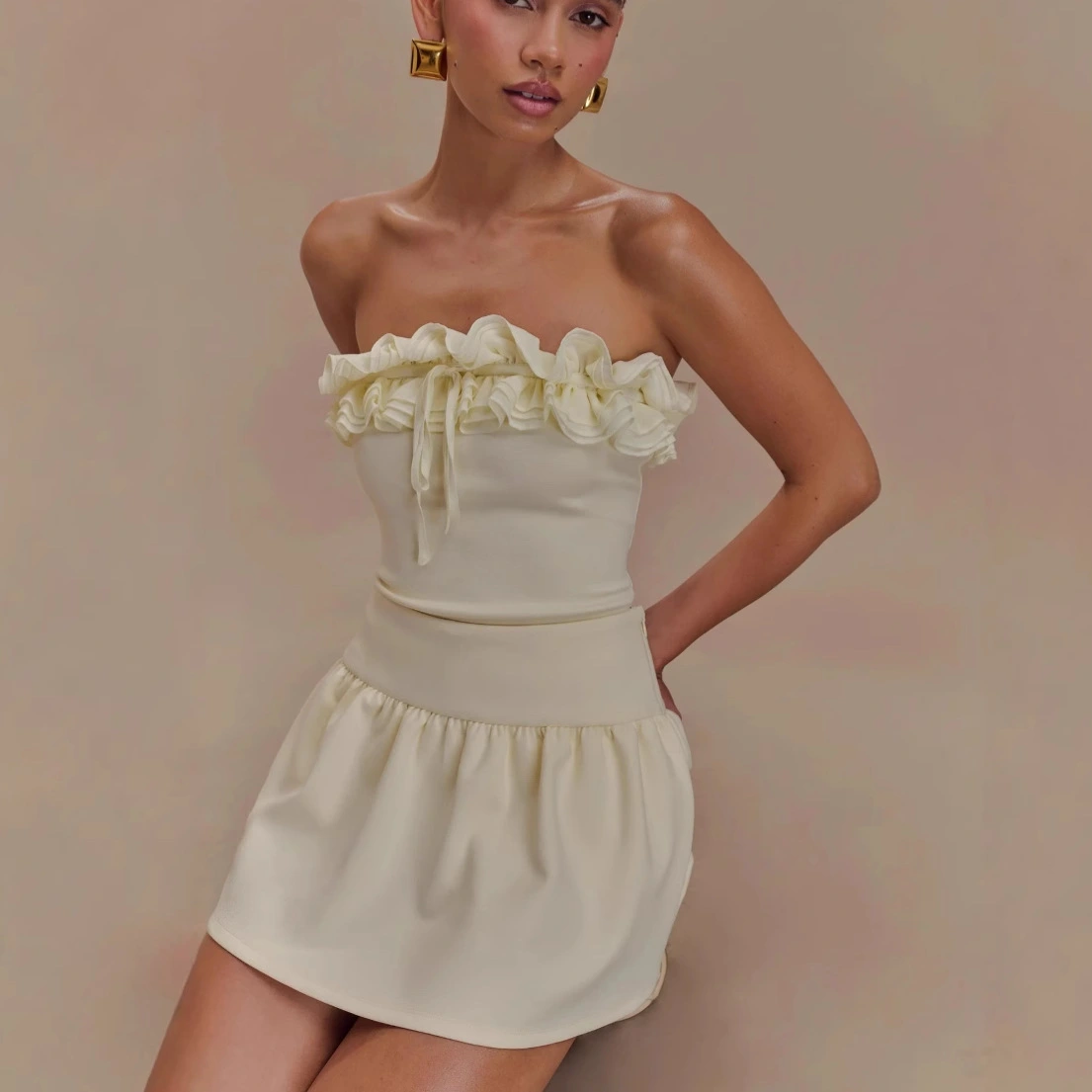 Summer Women's Ruffled Tube Top Short Skirt Suit