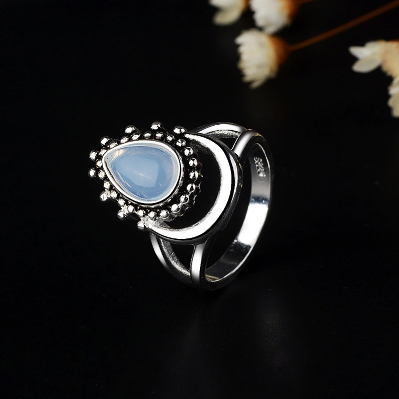 Retro Diamonds Crescent Moon Moonstone Marcasite Ring