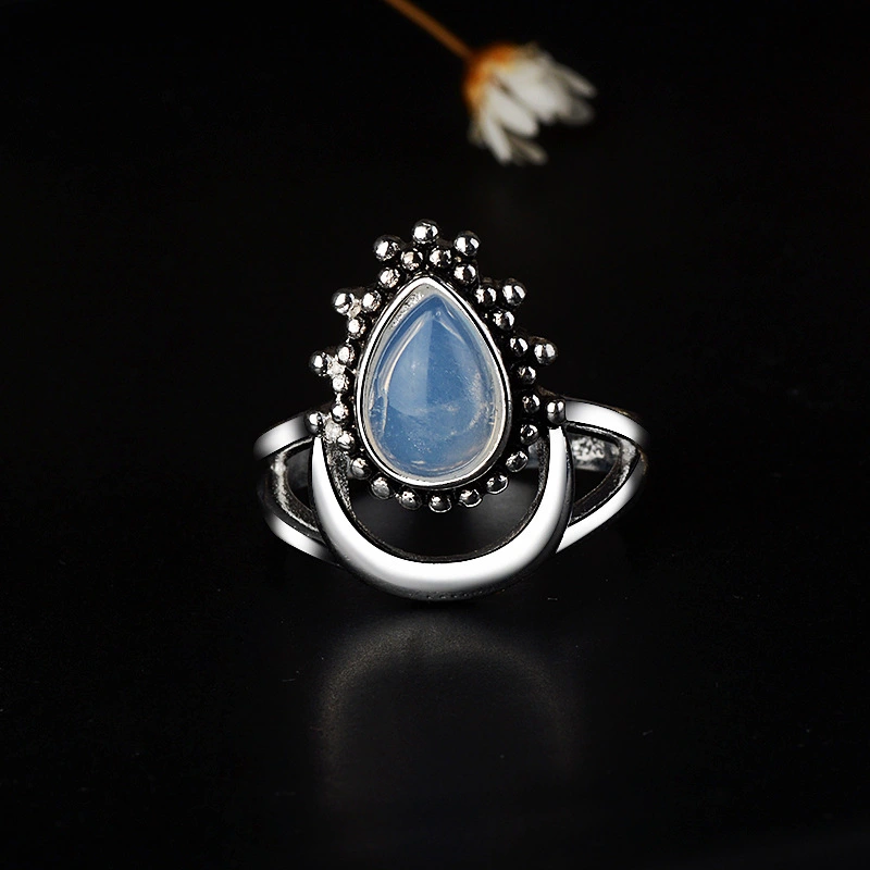 Retro Diamonds Crescent Moon Moonstone Marcasite Ring