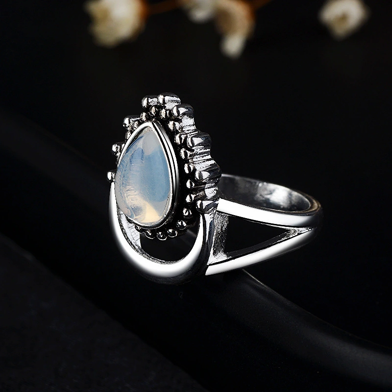 Retro Diamonds Crescent Moon Moonstone Marcasite Ring