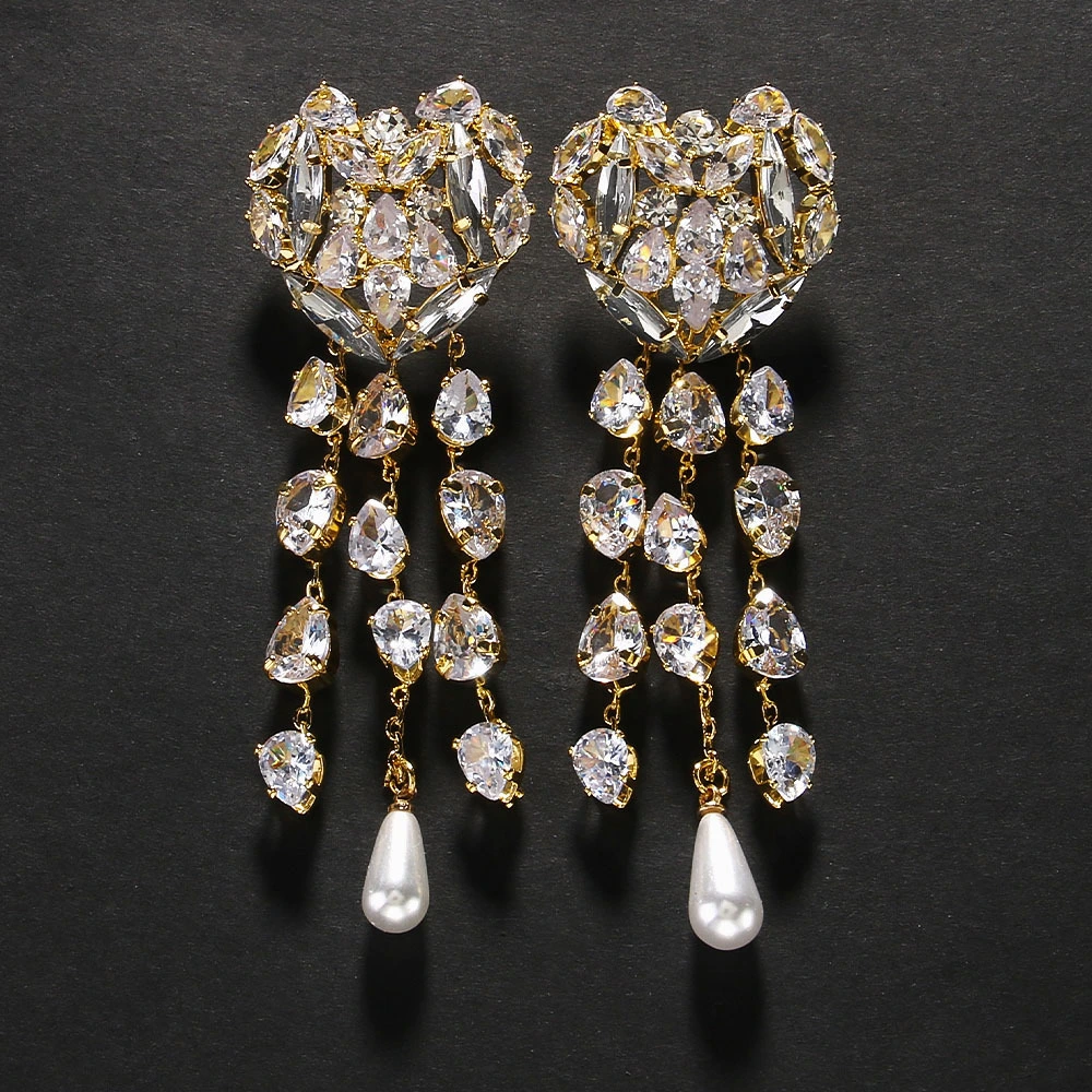 Heart Shape Ear Clip Pendant Tassel Rhinestone Earrings