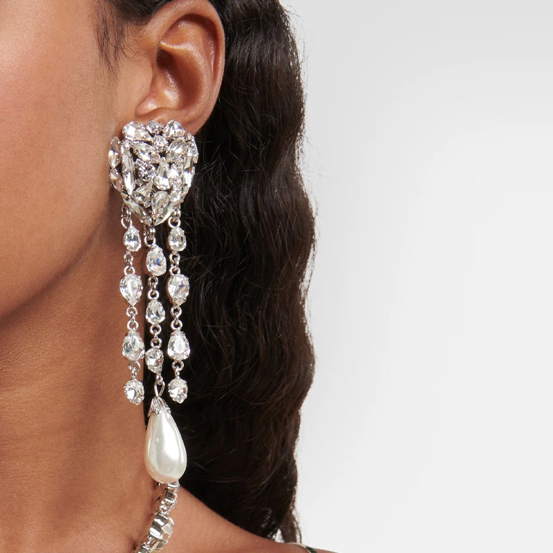 Heart Shape Ear Clip Pendant Tassel Rhinestone Earrings