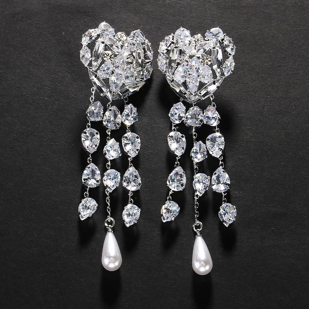 Heart Shape Ear Clip Pendant Tassel Rhinestone Earrings