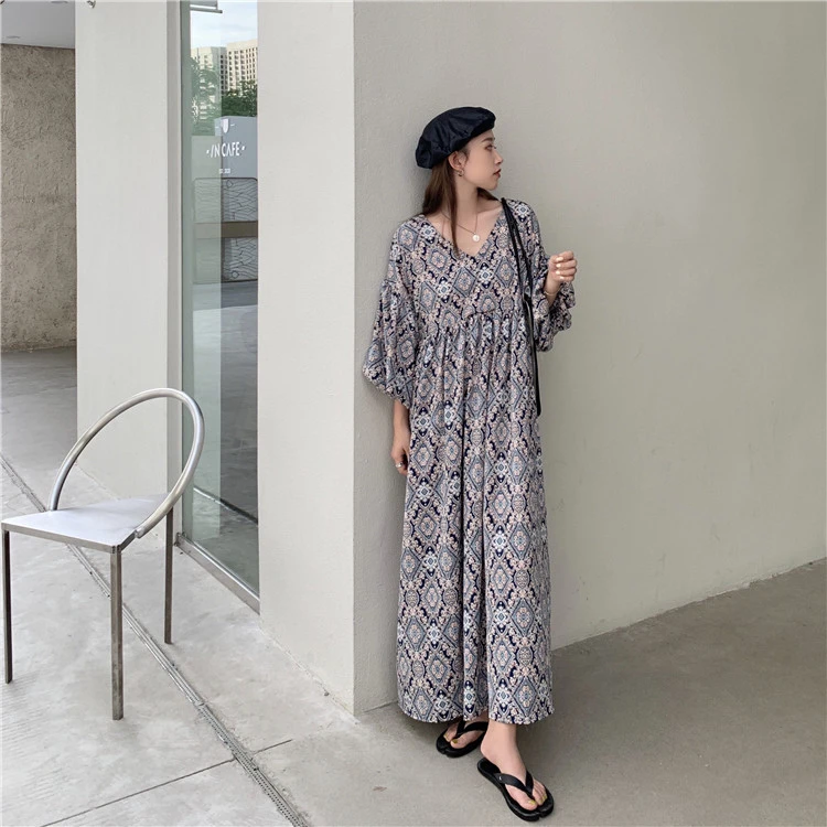 Vintage Floral V-neck Loose Mid-length Dress