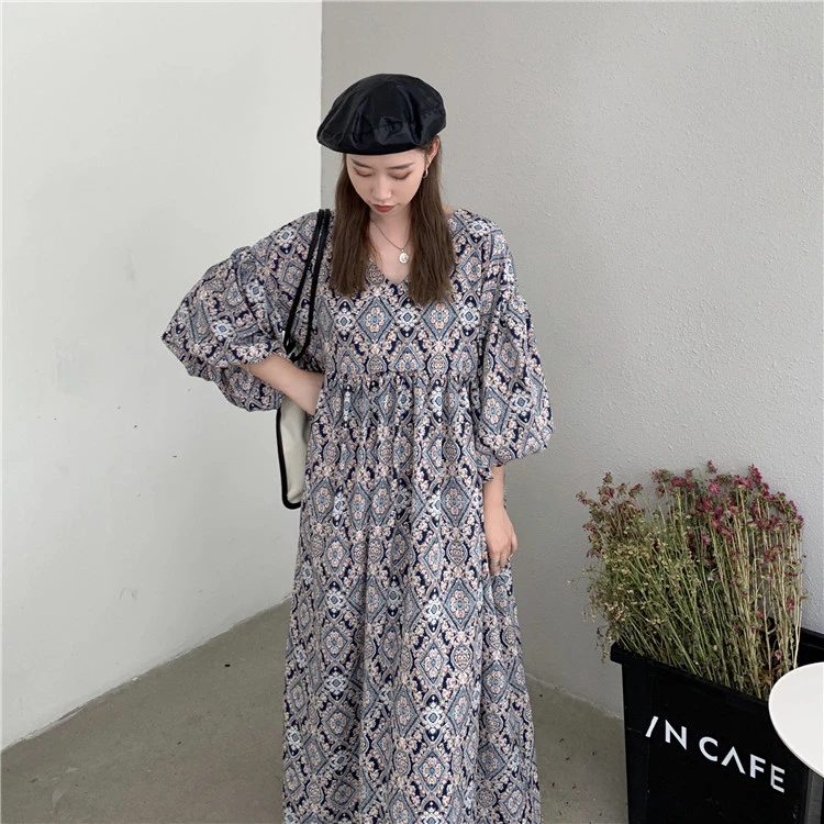 Vintage Floral V-neck Loose Mid-length Dress