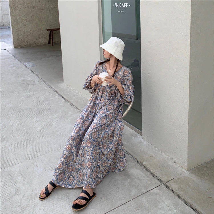 Vintage Floral V-neck Loose Mid-length Dress